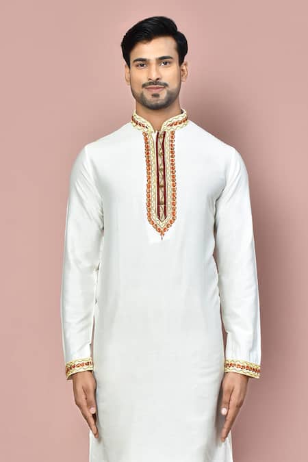 Buy_Arihant Rai Sinha_White Cotton, Silk Zari Zardosi Embroidered Kurta _Online_at_Aza_Fashions