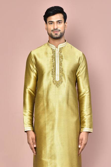 Arihant Rai Sinha_Gold Silk Zari Mulberry Zardosi Hand Embroidered Kurta _Online_at_Aza_Fashions
