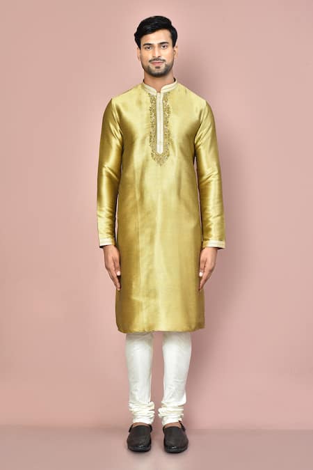 Buy_Arihant Rai Sinha_Gold Silk Zari Mulberry Zardosi Hand Embroidered Kurta _Online_at_Aza_Fashions