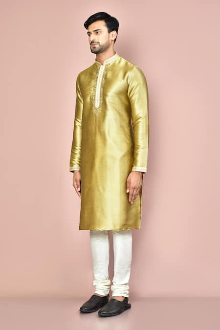 Shop_Arihant Rai Sinha_Gold Silk Zari Mulberry Zardosi Hand Embroidered Kurta _Online_at_Aza_Fashions