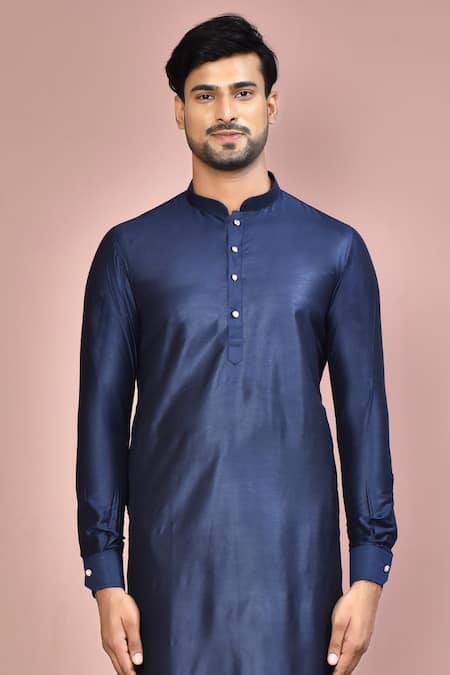 Arihant Rai Sinha_Blue Cotton, Silk Plain Kurta Set _Online_at_Aza_Fashions