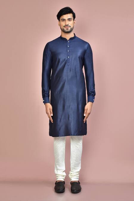 Shop_Arihant Rai Sinha_Blue Cotton, Silk Plain Kurta Set _Online_at_Aza_Fashions