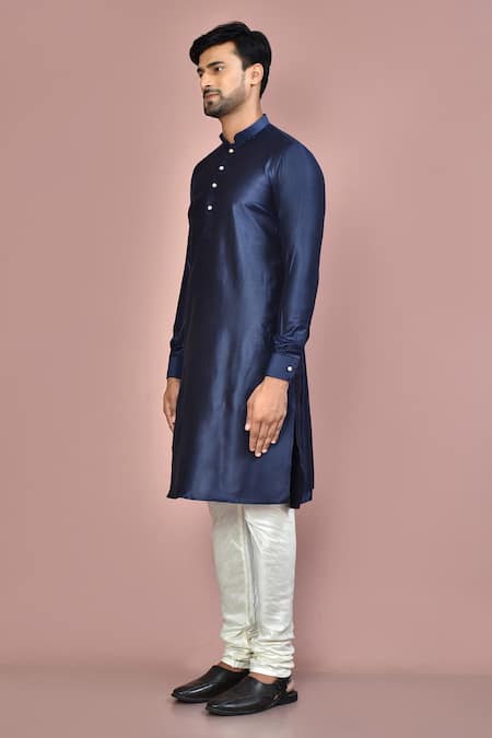 Arihant Rai Sinha_Blue Cotton, Silk Plain Kurta Set _at_Aza_Fashions