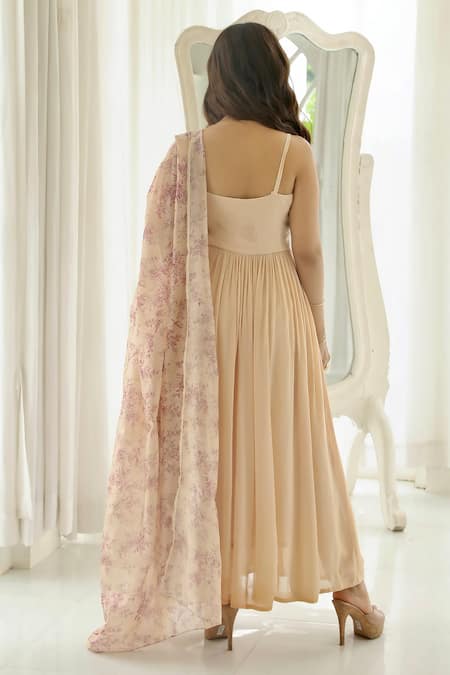 Shop LABEL AISHWARYRIKA Beige Georgette, Chanderi Embroidery Rhea Chikankari Anarkali Palazzo Set at Aza Fashions Shop_LABEL AISHWARYRIKA_Beige Georgette, Chanderi Embroidery Rhea Chikankari Anarkali Palazzo Set _at_Aza_Fashions