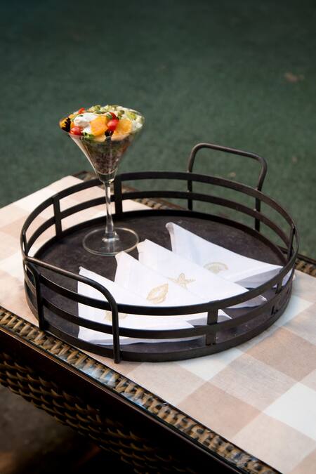 Buy Elm & Oak Grey Iron Siena Round Tray at Aza Fashions Buy_Elm & Oak_Grey Iron Siena Round Tray_at_Aza_Fashions