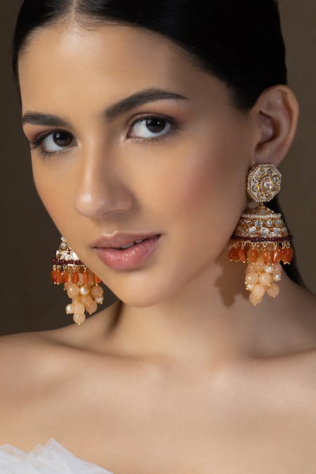 Joules By Radhika Multi Color Diamonds, Pearls, Crystals Polki Embellished Jhumka Earrings