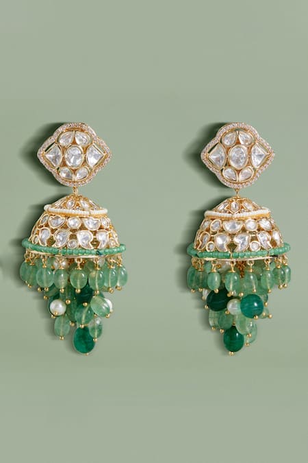Shop_Joules By Radhika_Multi Color Pearls, Stones Polki And Beads Embellished Jhumka Earrings _at_Aza_Fashions
