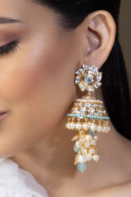 Joules By Radhika_Multi Color Pearls, Tassels Kundan Embellished Jhumka Earrings_Online_at_Aza_Fashions