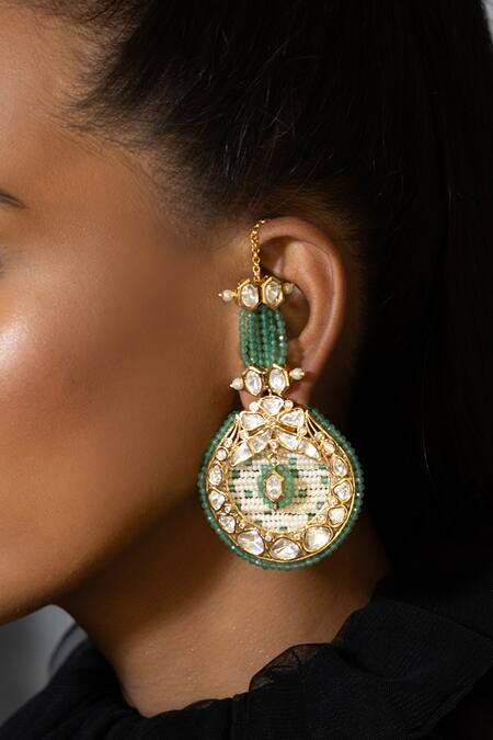 Joules By Radhika_Green Pearls And Polki Embellished Dangler Earrings _Online_at_Aza_Fashions