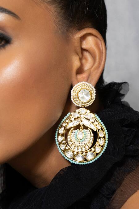 Joules By Radhika_Gold Plated Pearls, Piping, Stones Carved Polki Embellished Earrings_Online_at_Aza_Fashions