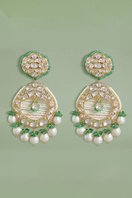 Shop Joules By Radhika Multi Color Pearls, Piping, Flower Carved Polki And Kundan Embellished Earrings at Aza Fashions Shop_Joules By Radhika_Multi Color Pearls, Piping, Flower Carved Polki And Kundan Embellished Earrings _at_Aza_Fashions