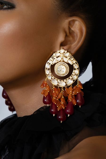 Joules by Radhika_Multi Color Diamonds, Stones, Beads Polki And Drop Embellished Earrings _Online_at_Aza_Fashions