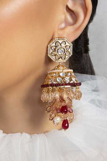 Joules by Radhika_Multi Color Pearls, Piping, Stones Carved Kundan And Polki Embellished Earrings_Online_at_Aza_Fashions