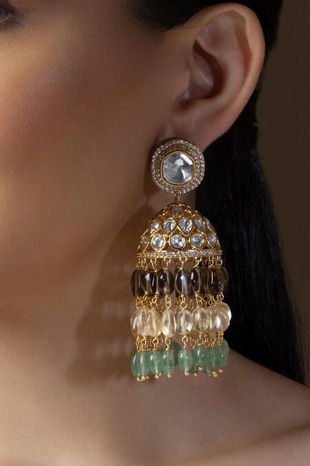 Joules By Radhika_Multi Color Diamonds, Crystals, Beads Kundan Embellished Jhumka Dangler Earrings_Online_at_Aza_Fashions