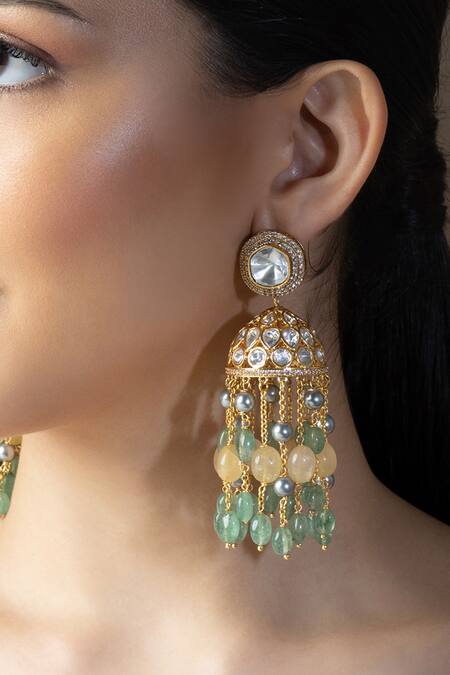 Joules by Radhika_Multi Color Beads Polki Embellished Jhumka Dangler Earrings _Online_at_Aza_Fashions