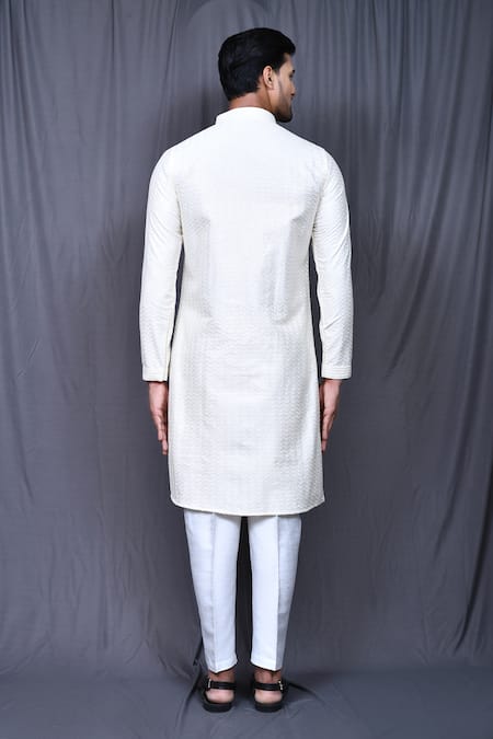 Shop_Arihant Rai Sinha_White Silk Embroidery Thread Kurta Pant Set _at_Aza_Fashions