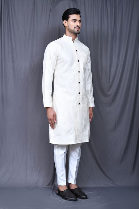 Arihant Rai Sinha_White Silk Embroidery Thread Kurta Pant Set _at_Aza_Fashions