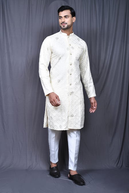 Buy Cream Art Silk Embroidered Chikankari Kurta Set For Men by Aryavir  Malhotra Online at Aza Fashions.