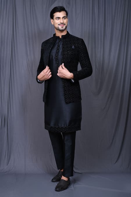 Aryavir Malhotra Black Kurta And Pant Art Silk Embroidered Floral Velvet Jacket & Set