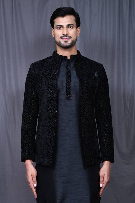 Buy Arihant Rai Sinha Black Velvet, Silk Embroidery Floral Jacket And Kurta Set Online at Aza Fashions Buy_Arihant Rai Sinha_Black Velvet, Silk Embroidery Floral Jacket And Kurta Set _Online_at_Aza_Fashions