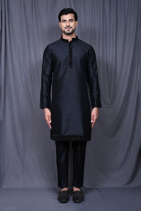 Shop_Arihant Rai Sinha_Black Velvet, Silk Embroidery Floral Jacket And Kurta Set _Online_at_Aza_Fashions