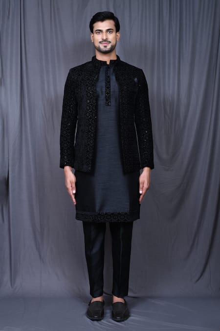 Arihant Rai Sinha_Black Velvet, Silk Embroidery Floral Jacket And Kurta Set _at_Aza_Fashions