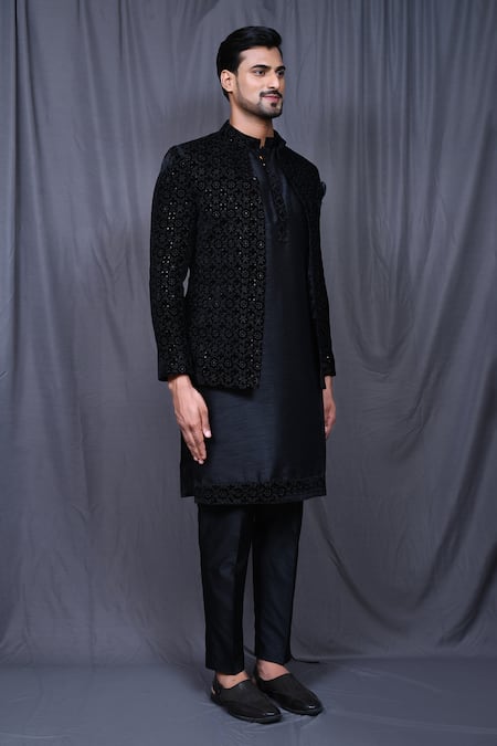 Buy_Arihant Rai Sinha_Black Velvet, Silk Embroidery Floral Jacket And Kurta Set 
