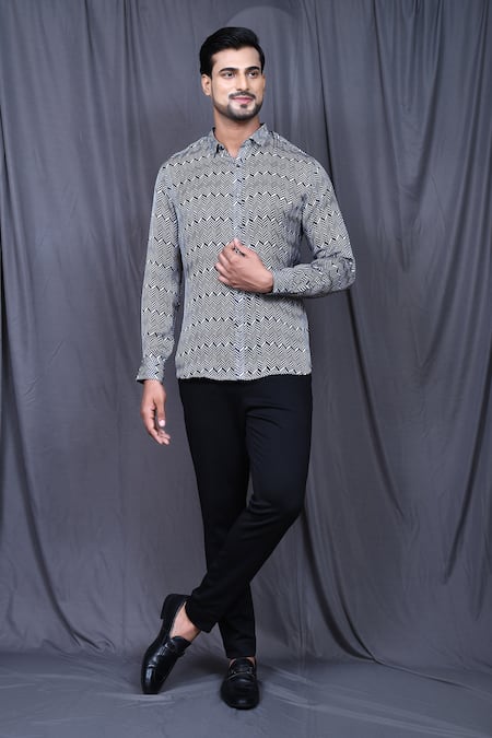 Aryavir Malhotra Black Cotton Silk Printed Chevron Shirt 