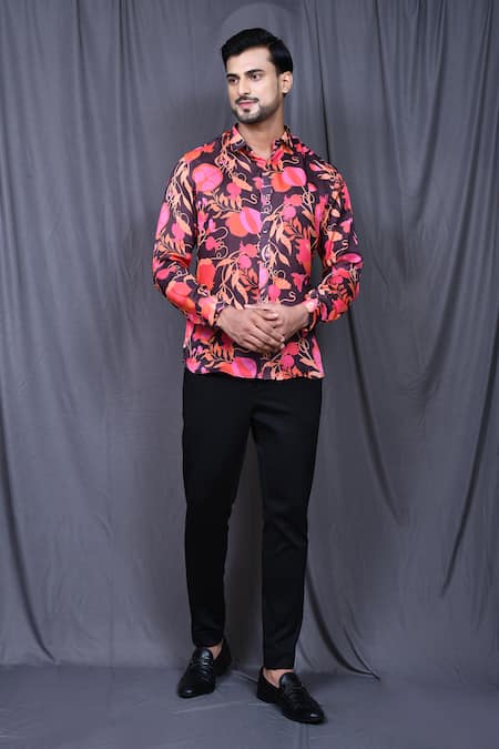 Aryavir Malhotra Brown Cotton Silk Printed Floral Botanic Shirt