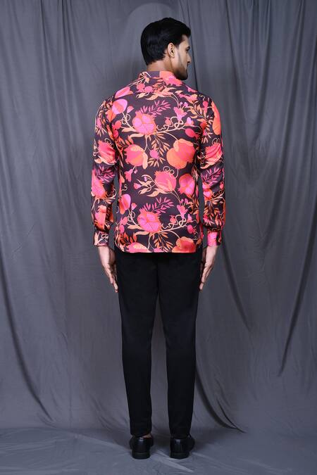Shop_Arihant Rai Sinha_Brown Cotton, Silk Embroidery Botanic Print Shirt _at_Aza_Fashions