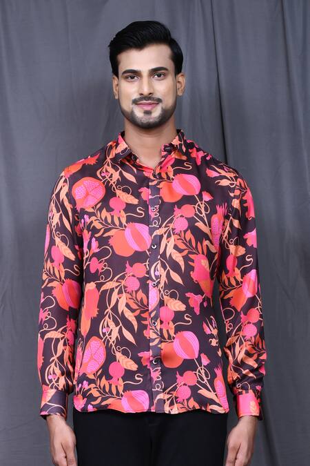 Arihant Rai Sinha_Brown Cotton, Silk Embroidery Botanic Print Shirt _Online_at_Aza_Fashions