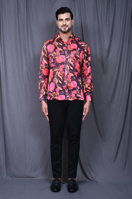 Buy_Arihant Rai Sinha_Brown Cotton, Silk Embroidery Botanic Print Shirt _Online_at_Aza_Fashions