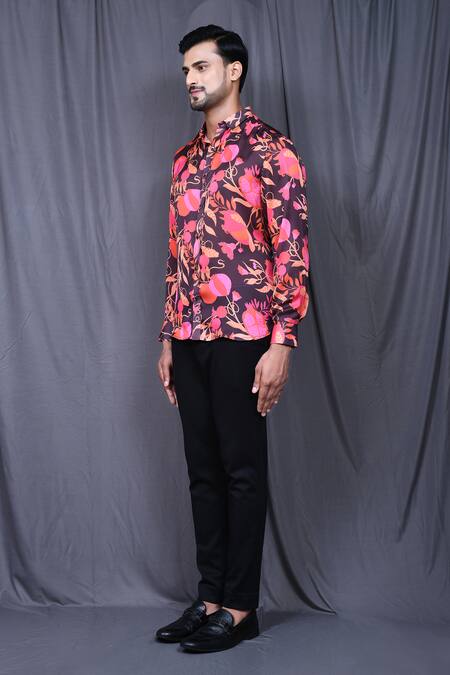 Shop_Arihant Rai Sinha_Brown Cotton, Silk Embroidery Botanic Print Shirt _Online_at_Aza_Fashions