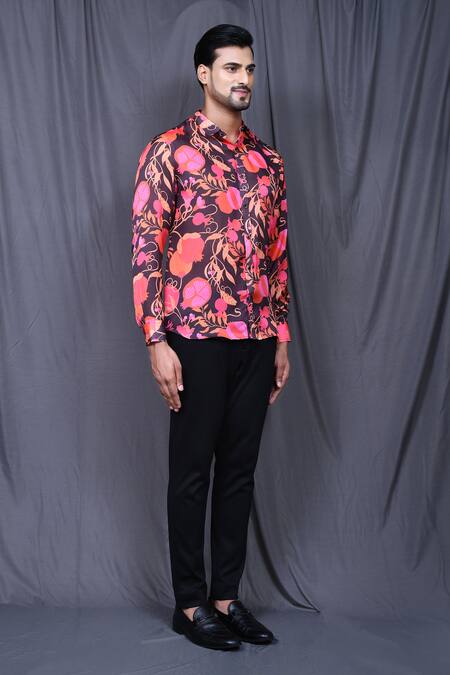 Arihant Rai Sinha_Brown Cotton, Silk Embroidery Botanic Print Shirt _at_Aza_Fashions