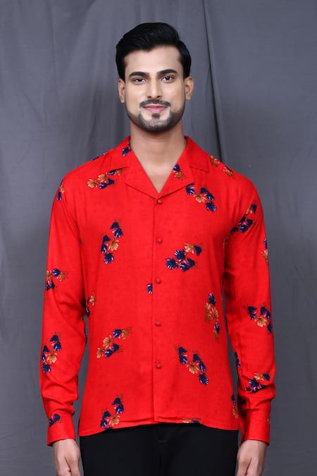 Arihant Rai Sinha_Red Cotton, Silk Embroidery Flower Print Shirt _Online_at_Aza_Fashions