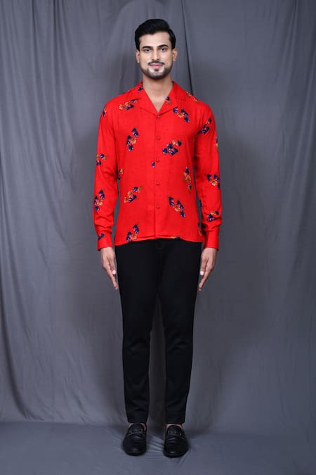 Buy_Arihant Rai Sinha_Red Cotton, Silk Embroidery Flower Print Shirt _Online_at_Aza_Fashions