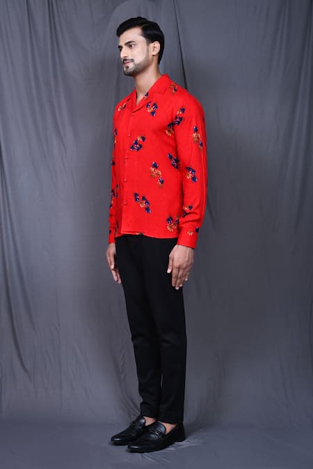 Shop_Arihant Rai Sinha_Red Cotton, Silk Embroidery Flower Print Shirt _Online_at_Aza_Fashions