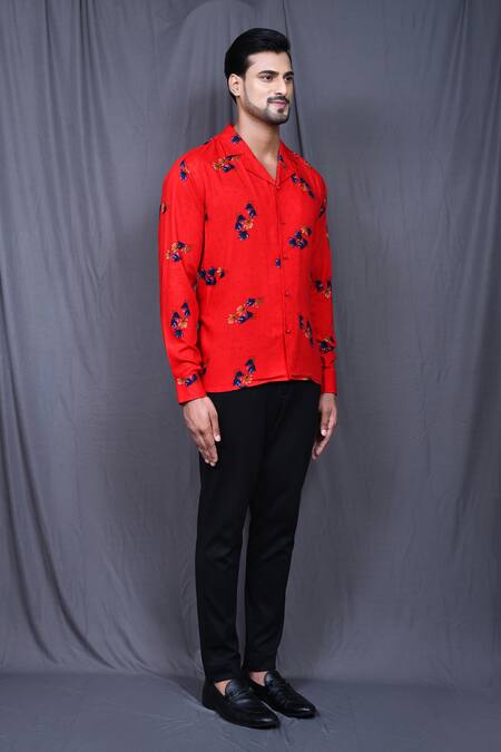Arihant Rai Sinha_Red Cotton, Silk Embroidery Flower Print Shirt _at_Aza_Fashions