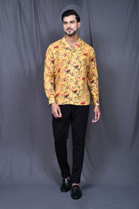 Aryavir Malhotra Yellow Cotton Printed Floral And Bird Shirt