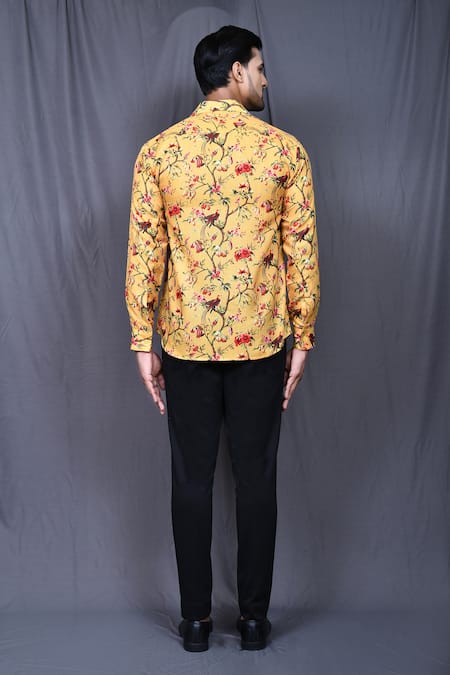 Shop_Arihant Rai Sinha_Yellow Cotton Floral Print Shirt _at_Aza_Fashions