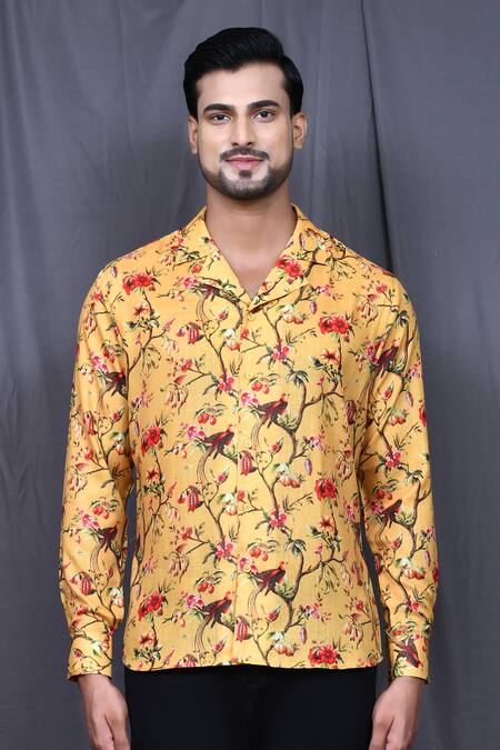 Arihant Rai Sinha_Yellow Cotton Floral Print Shirt _Online_at_Aza_Fashions