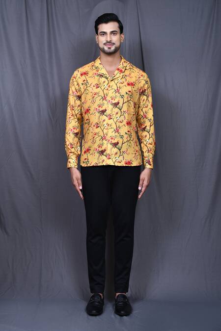 Buy_Arihant Rai Sinha_Yellow Cotton Floral Print Shirt _Online_at_Aza_Fashions