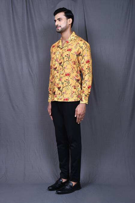 Shop_Arihant Rai Sinha_Yellow Cotton Floral Print Shirt _Online_at_Aza_Fashions