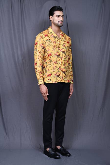Arihant Rai Sinha_Yellow Cotton Floral Print Shirt _at_Aza_Fashions