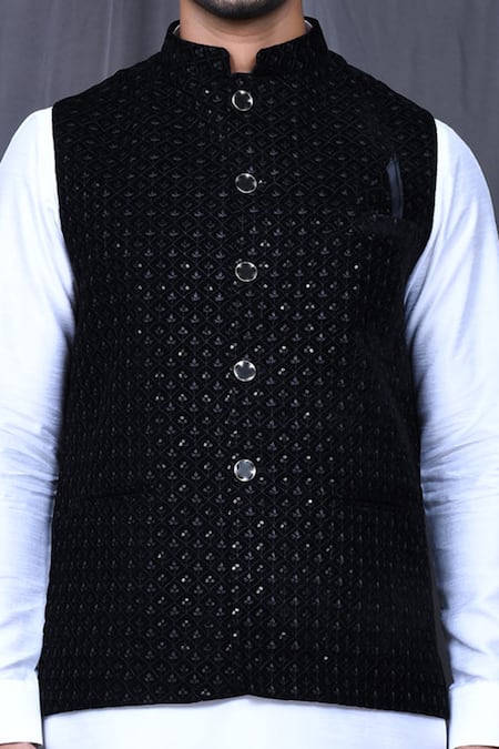 Shop Arihant Rai Sinha Black Velvet Embroidery Nehru Jacket Set Online at Aza Fashions Shop_Arihant Rai Sinha_Black Velvet Embroidery Nehru Jacket Set _Online_at_Aza_Fashions