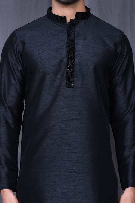 Buy_Arihant Rai Sinha_Black Silk, Polyester Embroidery Hem Kurta And Pant Set _Online_at_Aza_Fashions