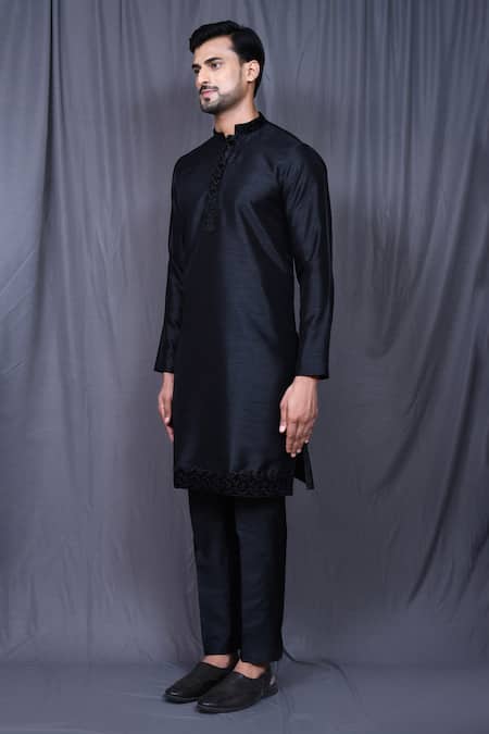 Arihant Rai Sinha_Black Silk, Polyester Embroidery Hem Kurta And Pant Set _at_Aza_Fashions