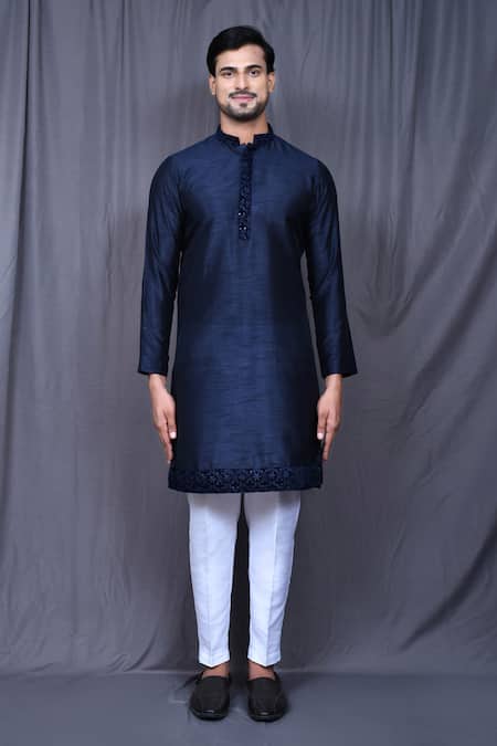 Shop Arihant Rai Sinha Blue Silk Sequins Collar Embroidered Kurta And Pant Set Online at Aza Fashions Shop_Arihant Rai Sinha_Blue Silk Sequins Collar Embroidered Kurta And Pant Set _Online_at_Aza_Fashions