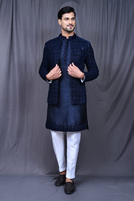 Aryavir Malhotra Blue Art Silk Embroidered Floral Jacket And Kurta Set