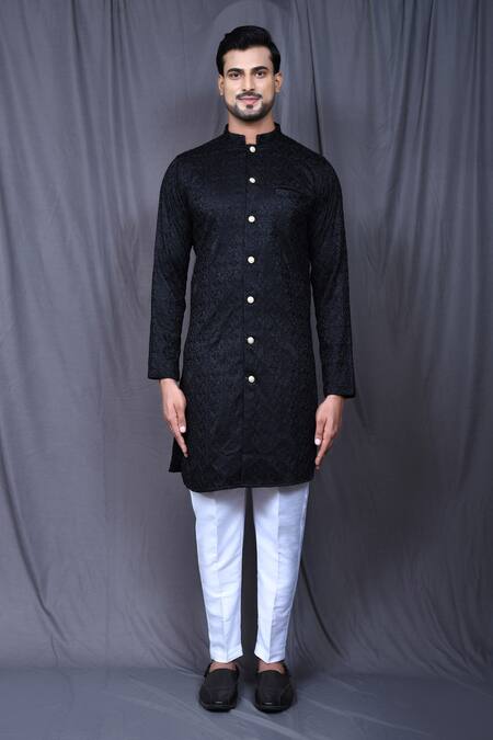 Shop Arihant Rai Sinha Black Silk, Cotton Embroidery Thread Kurta And Pant Set Online at Aza Fashions Shop_Arihant Rai Sinha_Black Silk, Cotton Embroidery Thread Kurta And Pant Set _Online_at_Aza_Fashions